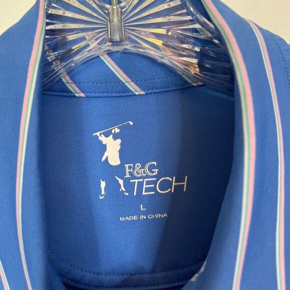 F & G Tech Size Large Mens Blue Pink White Striped Golf Polo Shirt Performance - Picture 4 of 9